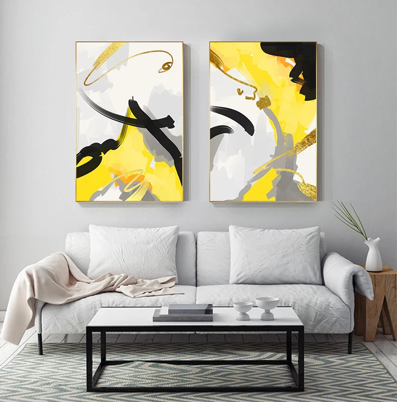 Large Abstract Yellow and Black Canvas