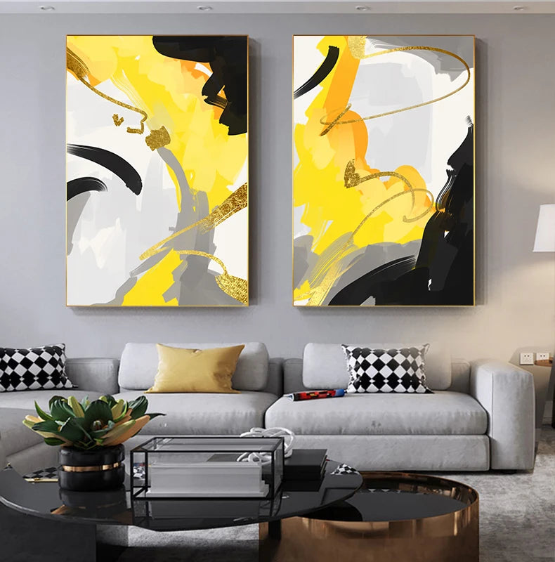 Large Abstract Yellow and Black Canvas