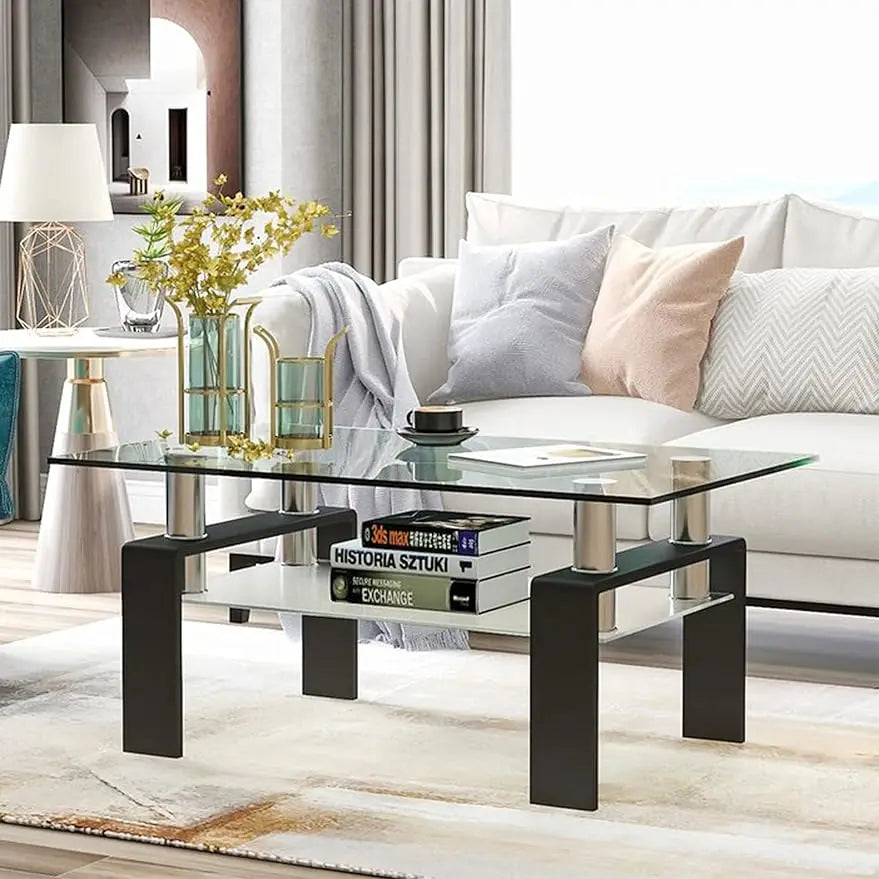 Modern 2-Tier Glass Coffee Table for Living Room