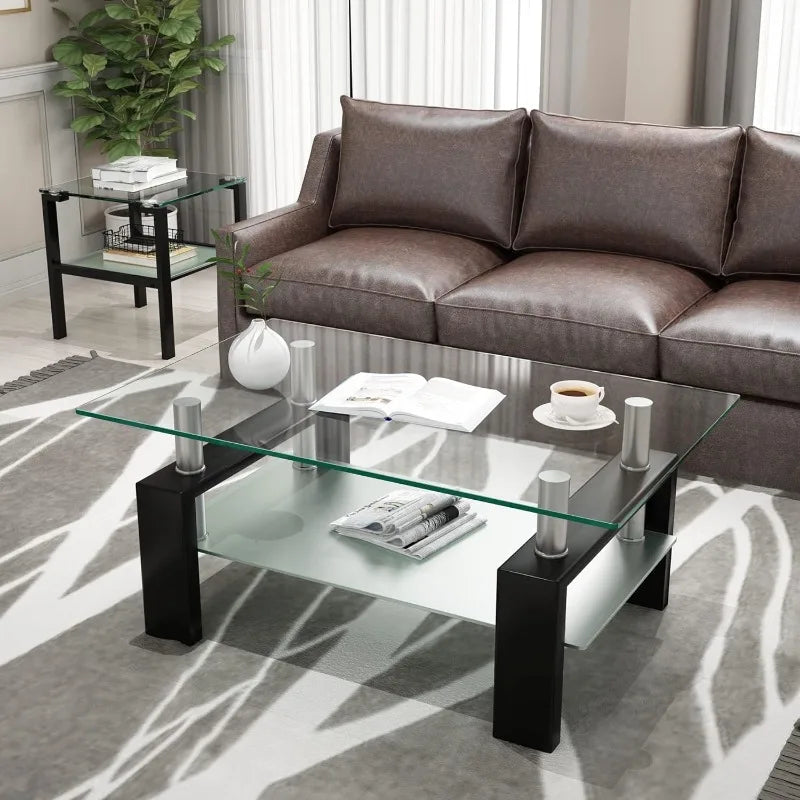 Modern 2-Tier Glass Coffee Table for Living Room