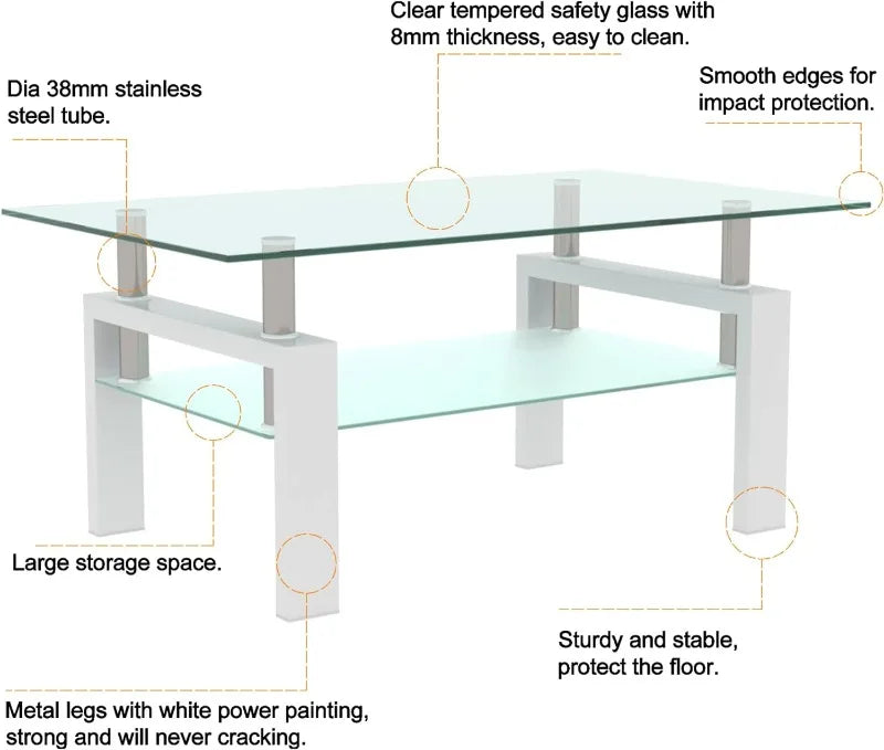 Modern 2-Tier Glass Coffee Table for Living Room