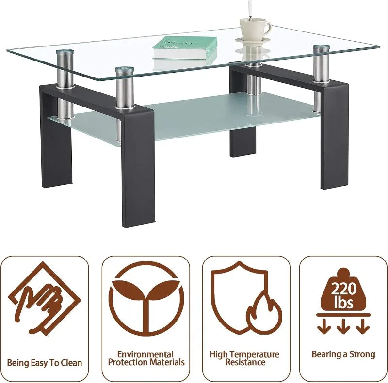 Modern 2-Tier Glass Coffee Table for Living Room