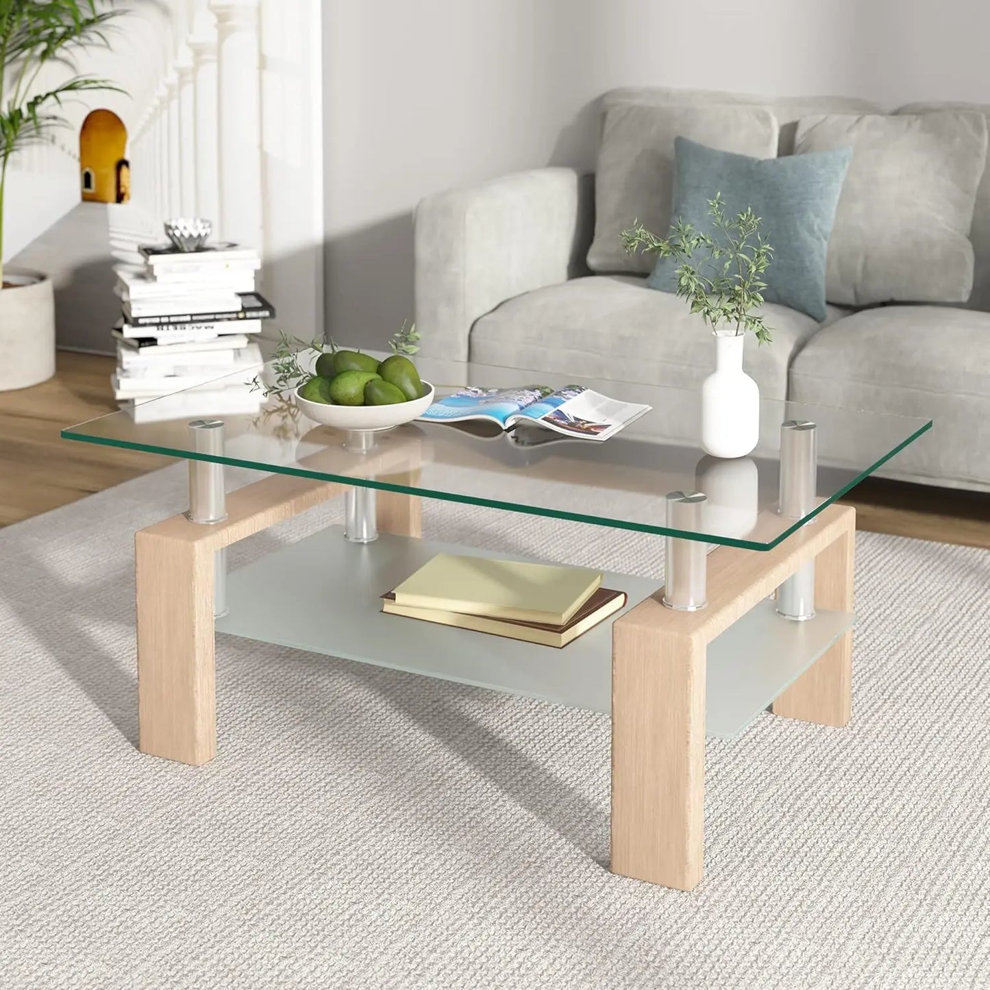 Modern 2-Tier Glass Coffee Table for Living Room