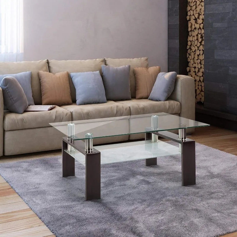 Modern 2-Tier Glass Coffee Table for Living Room