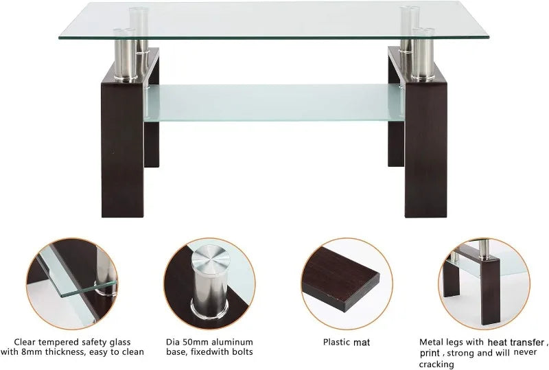 Modern 2-Tier Glass Coffee Table for Living Room