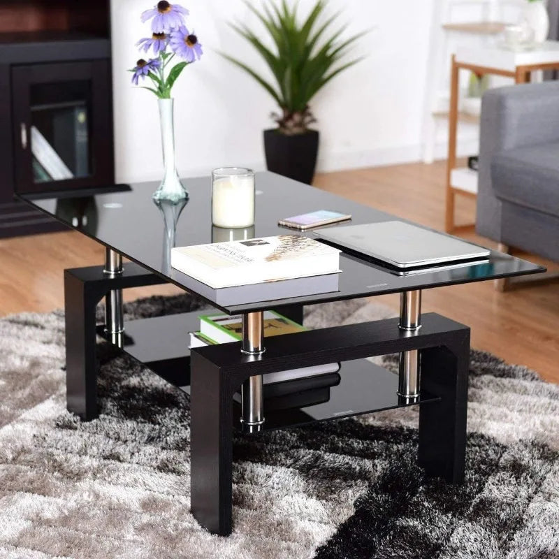 Modern 2-Tier Glass Coffee Table for Living Room