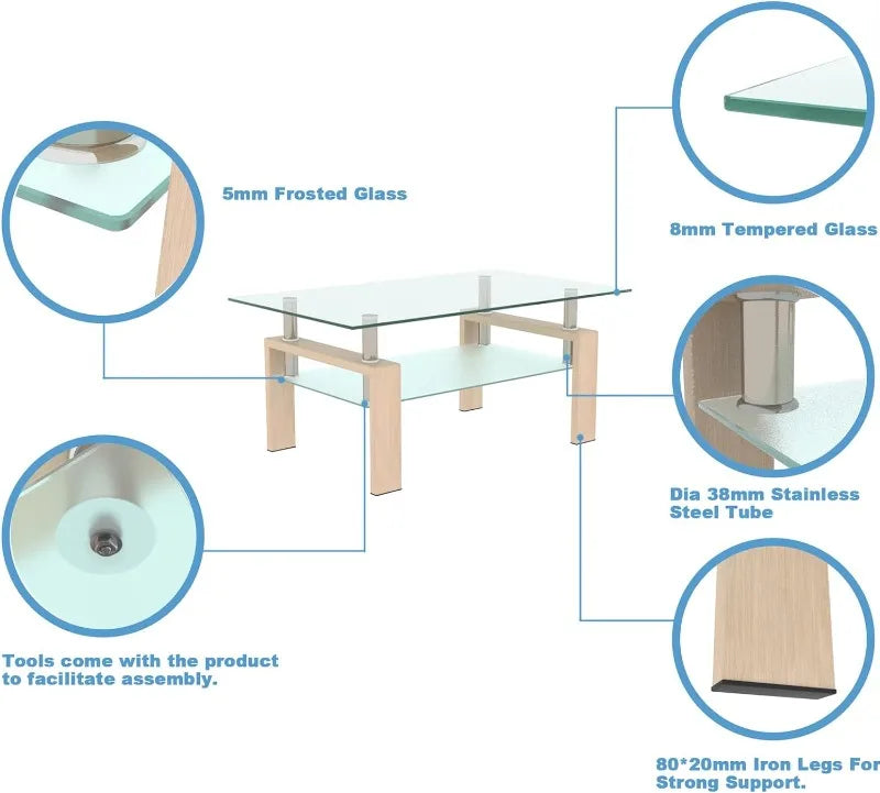 Modern 2-Tier Glass Coffee Table for Living Room