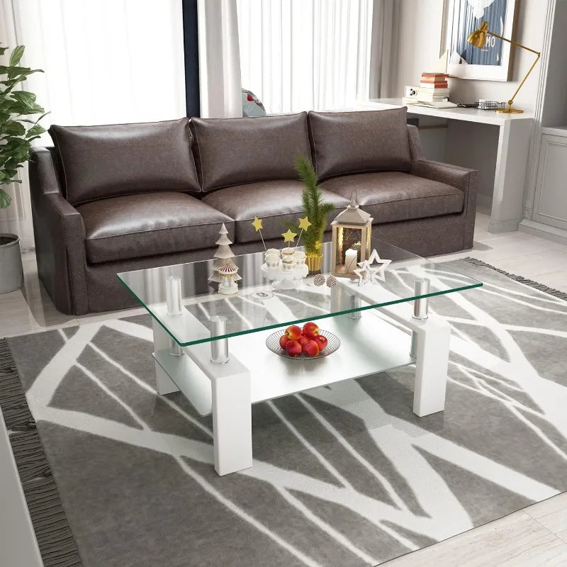 Modern 2-Tier Glass Coffee Table for Living Room