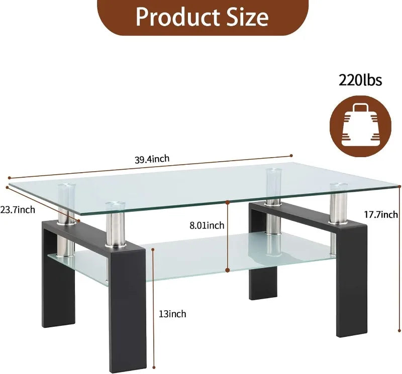 Modern 2-Tier Glass Coffee Table for Living Room